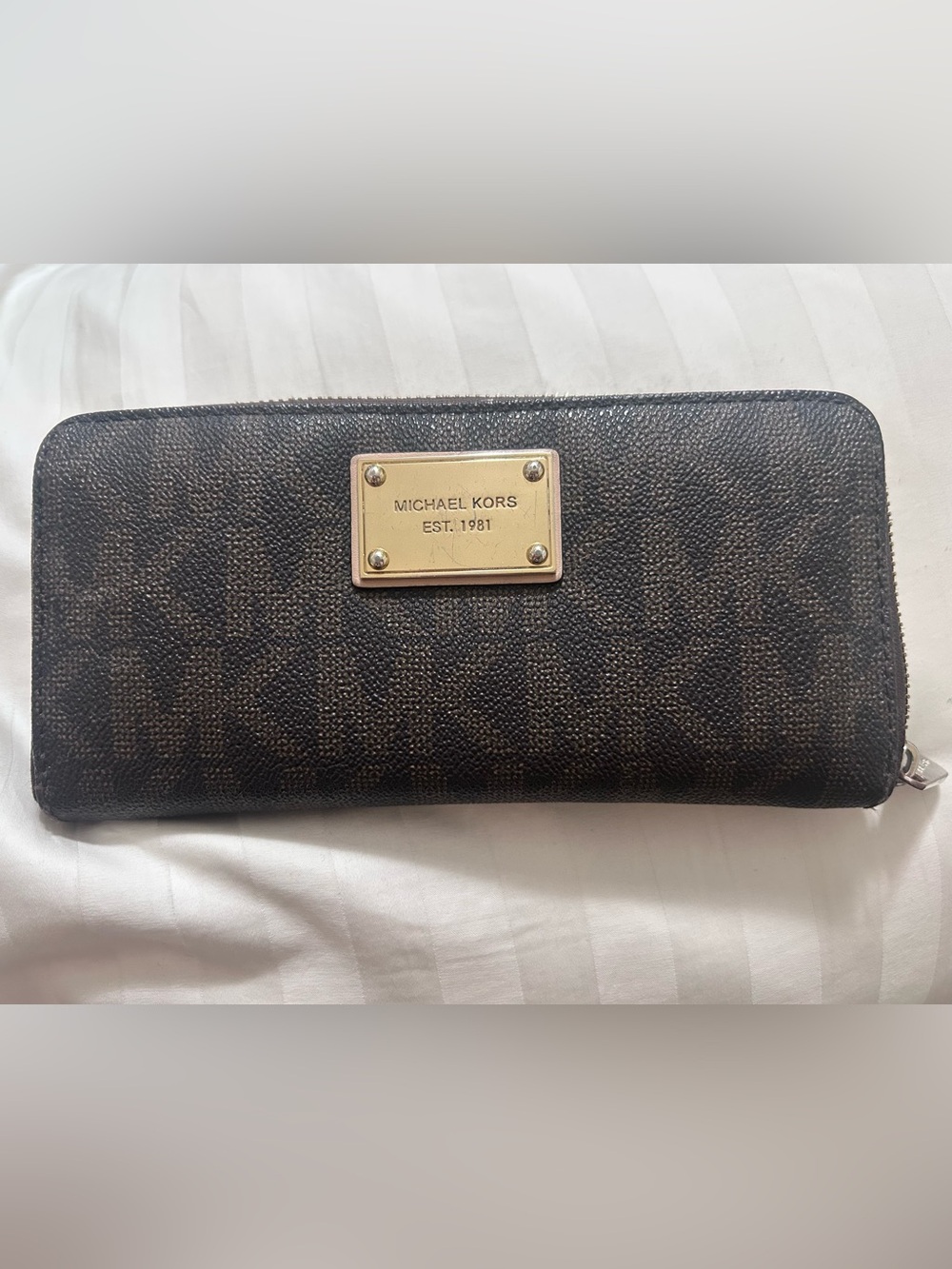 Michael Kors Dark Brown Monogram Zip Wallet with Gold Plate